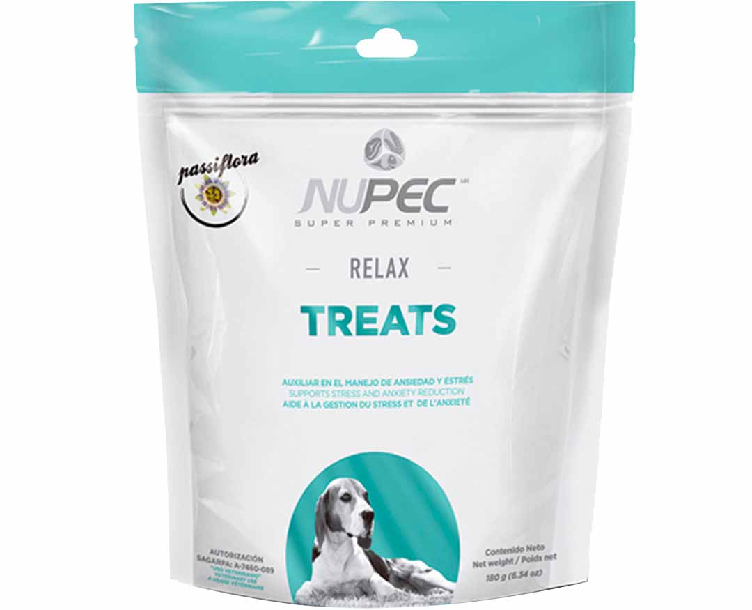 Nupec Relax Treats premio para perro con ingredientes funcionales auxiliar en el manejo de ansiedad y estrés, bolsa de 180g.