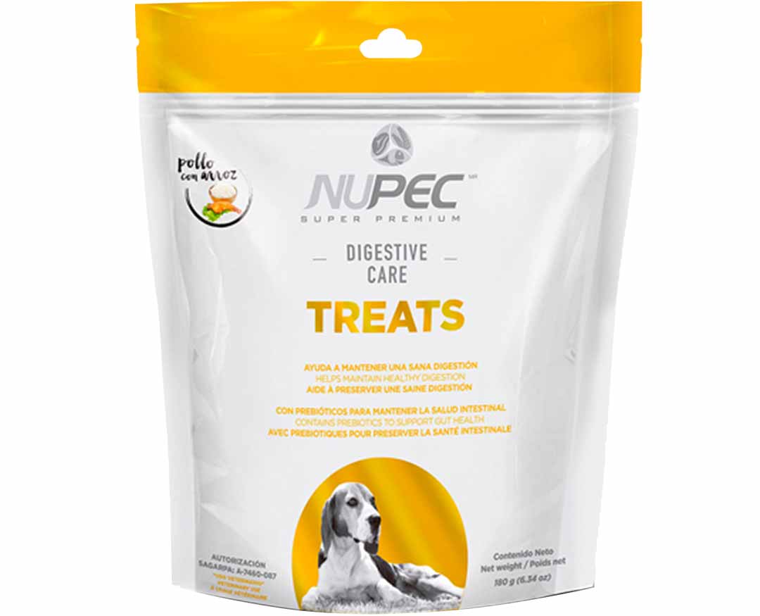 Nupec Digestive Care Treats croqueta para perro adulto, un premio que contiene una combinación de prebióticos y vitaminas que ayudan a preservar su salud intestinal. Bolsa de 180 g