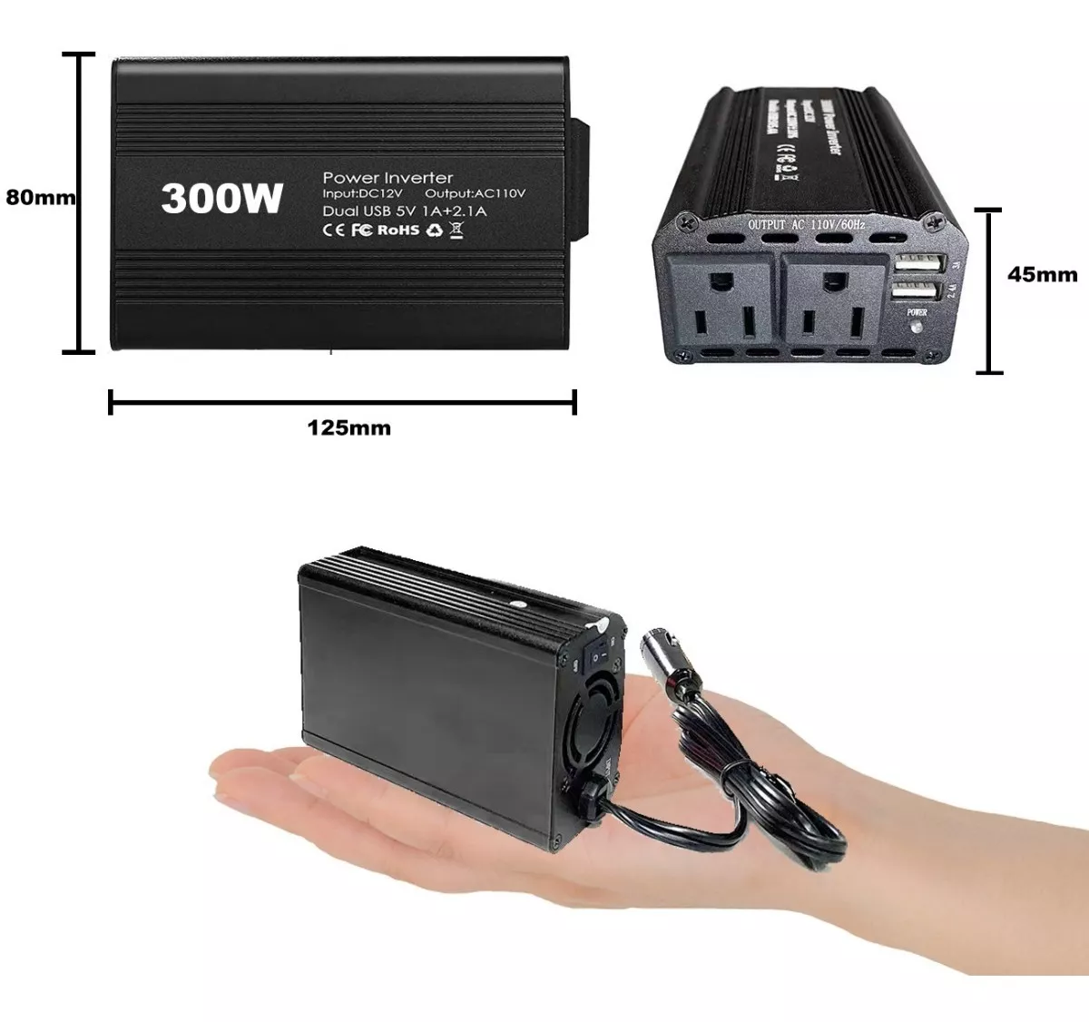 Inversor De Corriente Automático, 12v A 110v 300w, 2 Ac Y 2 Negro