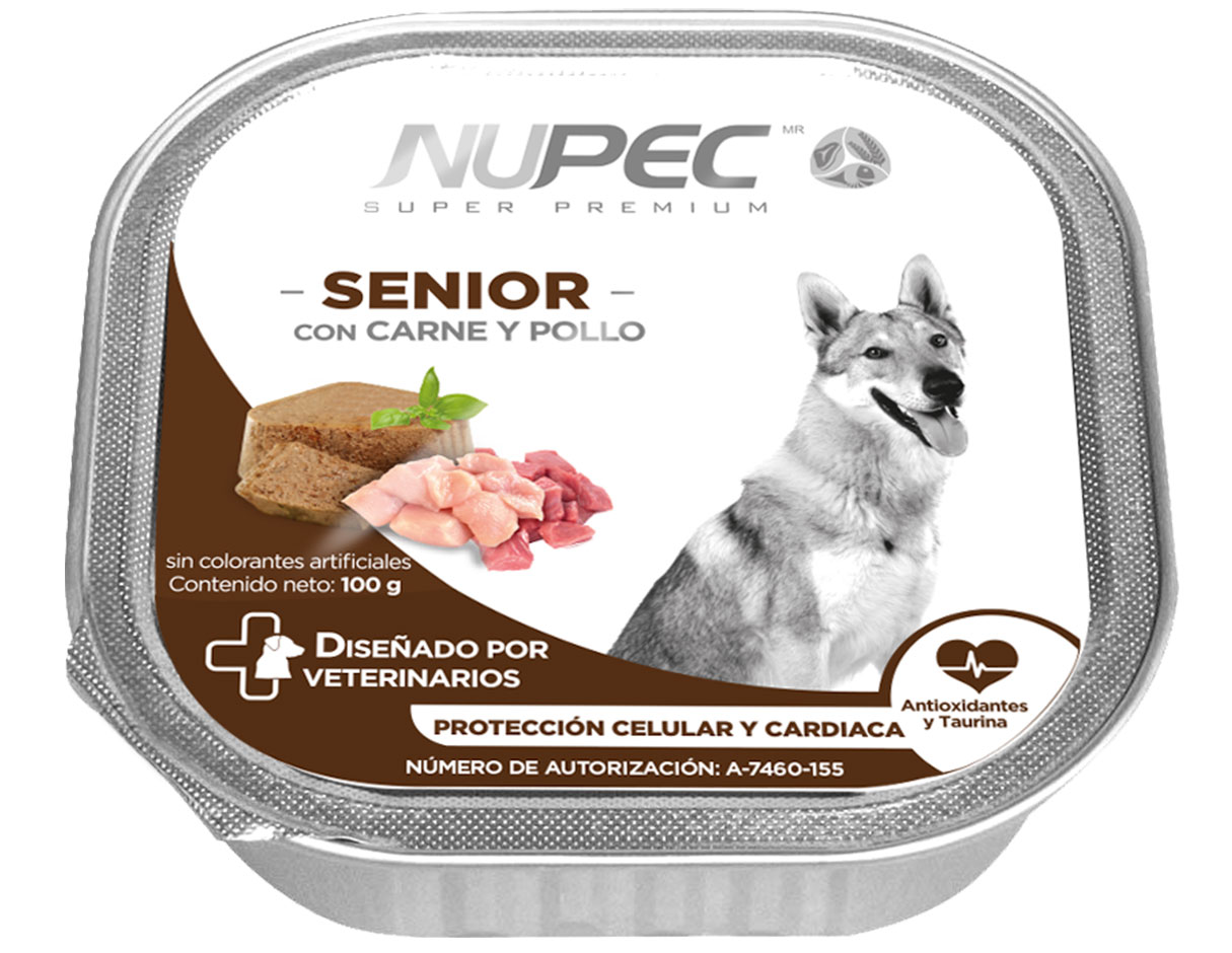 Nupec Senior con carne y pollo, alimento húmedo para perros adultos senior de todas las razas. Para razas pequeñas a partir de 9 años de edad y razas grandes a partir de 7 años de edad. Cluster Senior 4 latas de 100 g cada una.