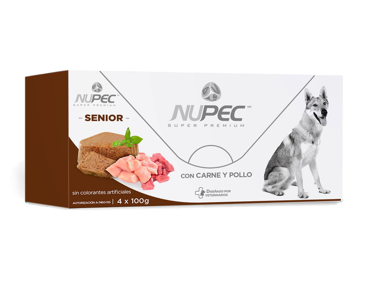 Nupec Senior con carne y pollo, alimento húmedo para perros adultos senior de todas las razas. Para razas pequeñas a partir de 9 años de edad y razas grandes a partir de 7 años de edad. Cluster Senior 4 latas de 100 g cada una.