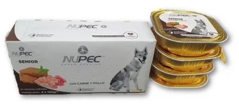 Nupec Senior con carne y pollo, alimento húmedo para perros adultos senior de todas las razas. Para razas pequeñas a partir de 9 años de edad y razas grandes a partir de 7 años de edad. Cluster Senior 4 latas de 100 g cada una.