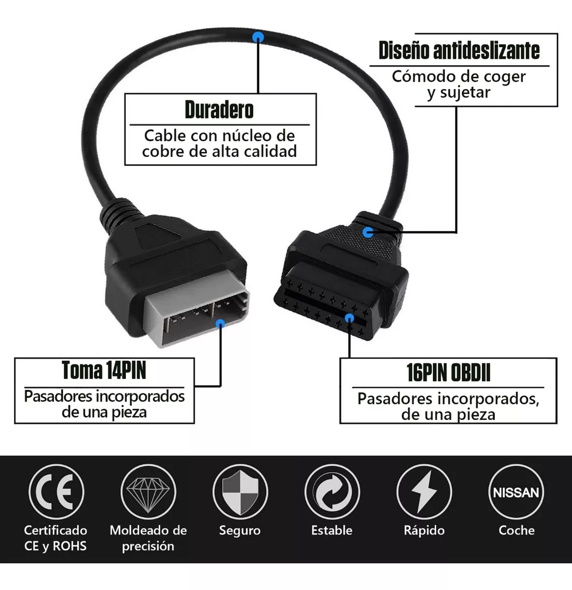 Adaptador De Escáner Obd2 Para Nissan/tsuru De 16 A 14 Pines Negro