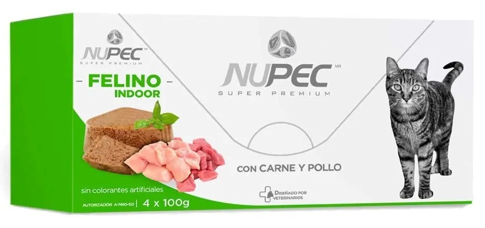Nupec Felino Indoor alimento húmedo para gato Adulto, un alimento que ayuda a tu gato a fortalecer el sistema nervioso, protección cardiaca y masa muscular.  Cluster Felino Indoor. 4 latas de 100 g cada una.