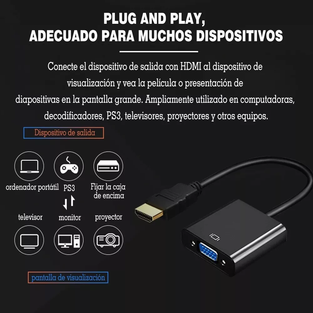 Cable Adaptador Convertidor Hdmi A Vga +regalo Cable 3.5mm Negro