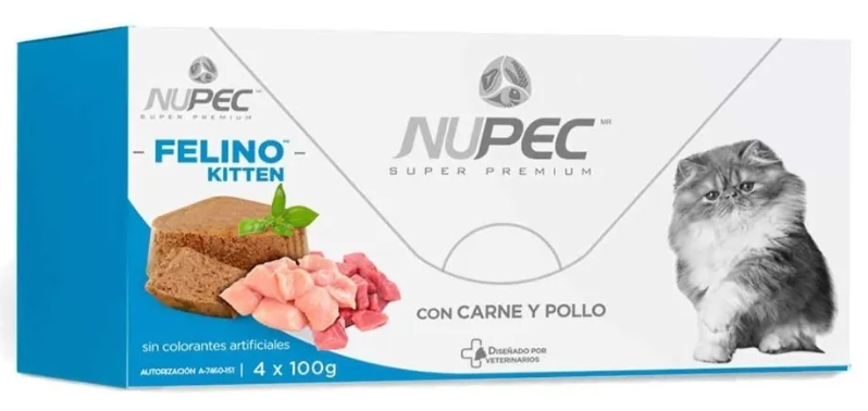 Nupec Felino Kitten alimento húmedo para gatitos de todas las razas. Desarrollo óseo y muscular. Contribuye al desarrollo ocular fortaleciendo la visión.  Cluster Felino Kitten. 4 latas de 100 g cada una.