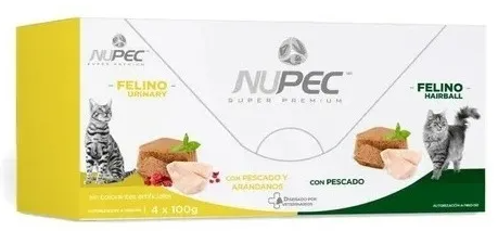Nupec Felino Urinary & Hairball. Alimento húmedo para gatos adultos de todas las razas. 2 latas de Felino Urinary. 2 latas de Hairball. Cluster Felino Urinary & Hairball. 4 latas de 100 g cada una.