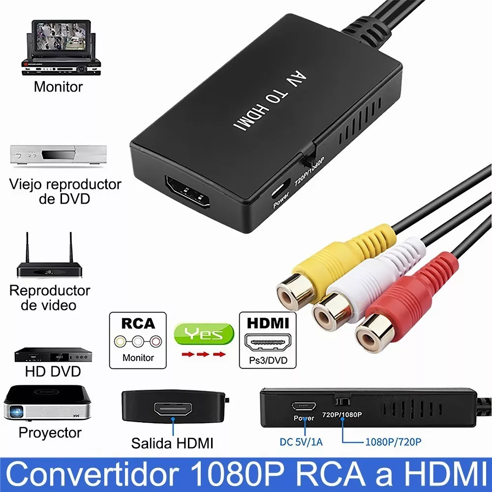 Adaptador RCA a HDMI, convertidor AV a HDMI, convertidor de audio compuesto  RCA a HDMI para PS1, PS2, PS3, STB, Xbox, VHS, VCR, reproductores de DVD