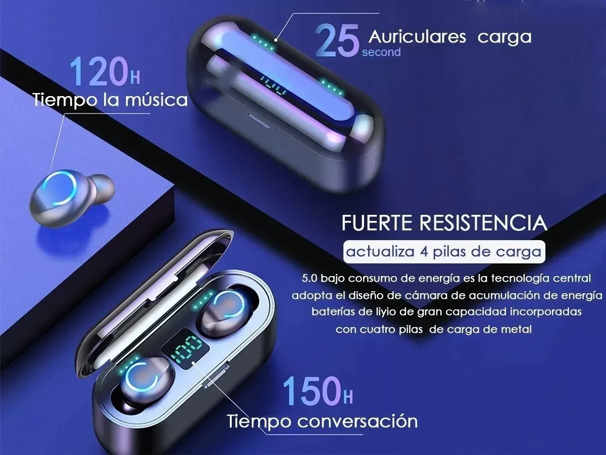 Audífonos in-ear inalámbricos F9 negro con luz LED