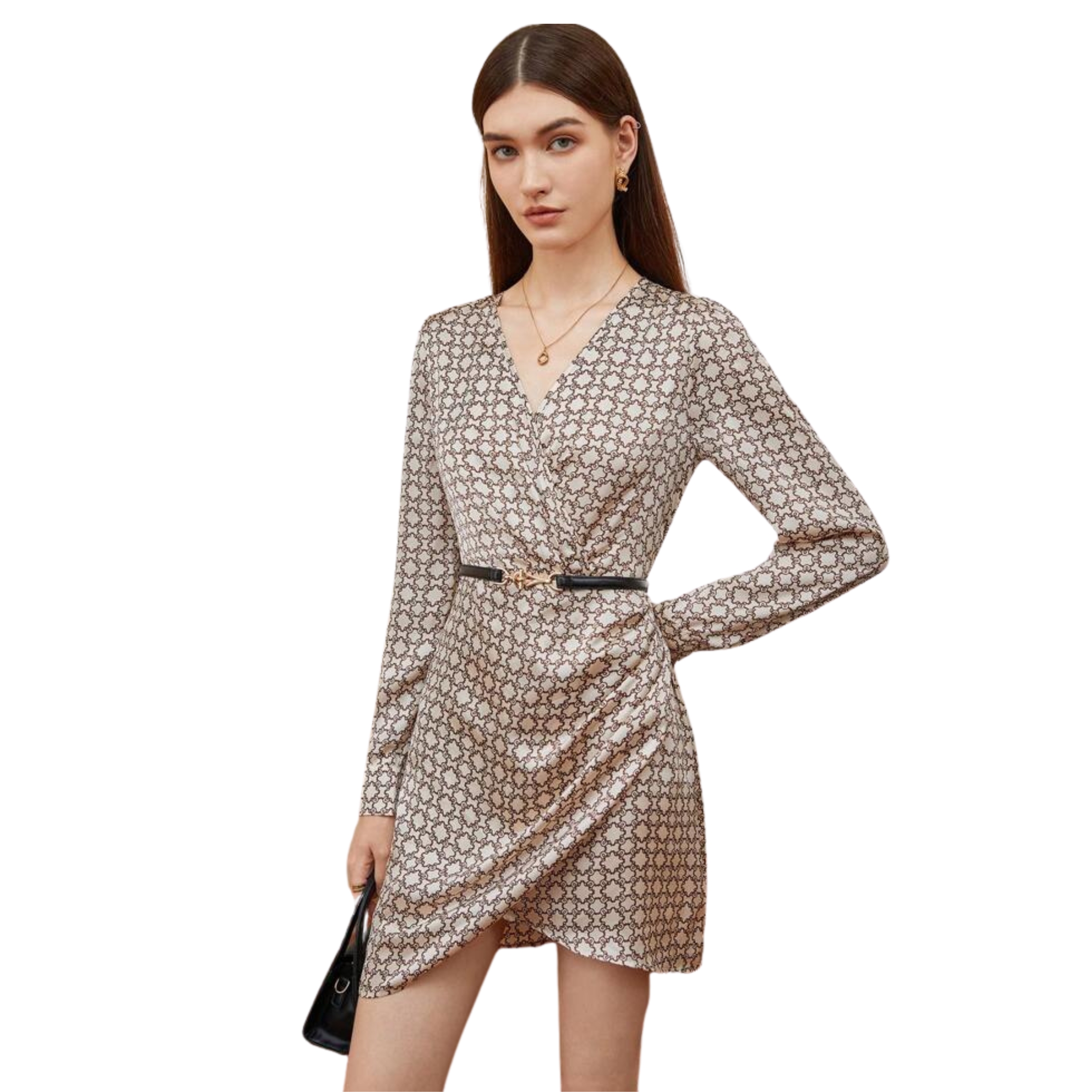 Vestido bajo cruzado con estampado satinado elegante para mujer