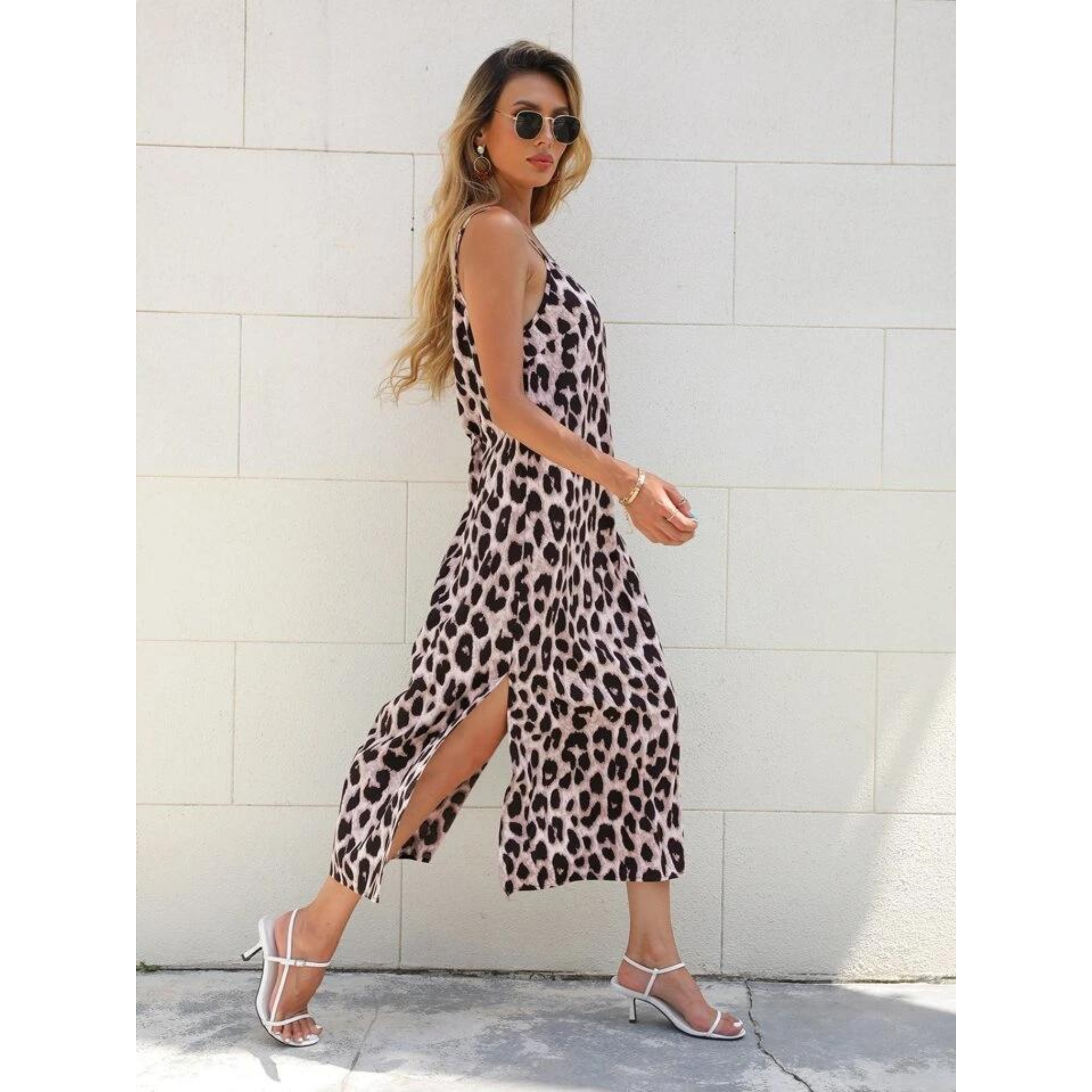 Vestido largo de tirantes con estampado de leopardo con abertura para mujer
