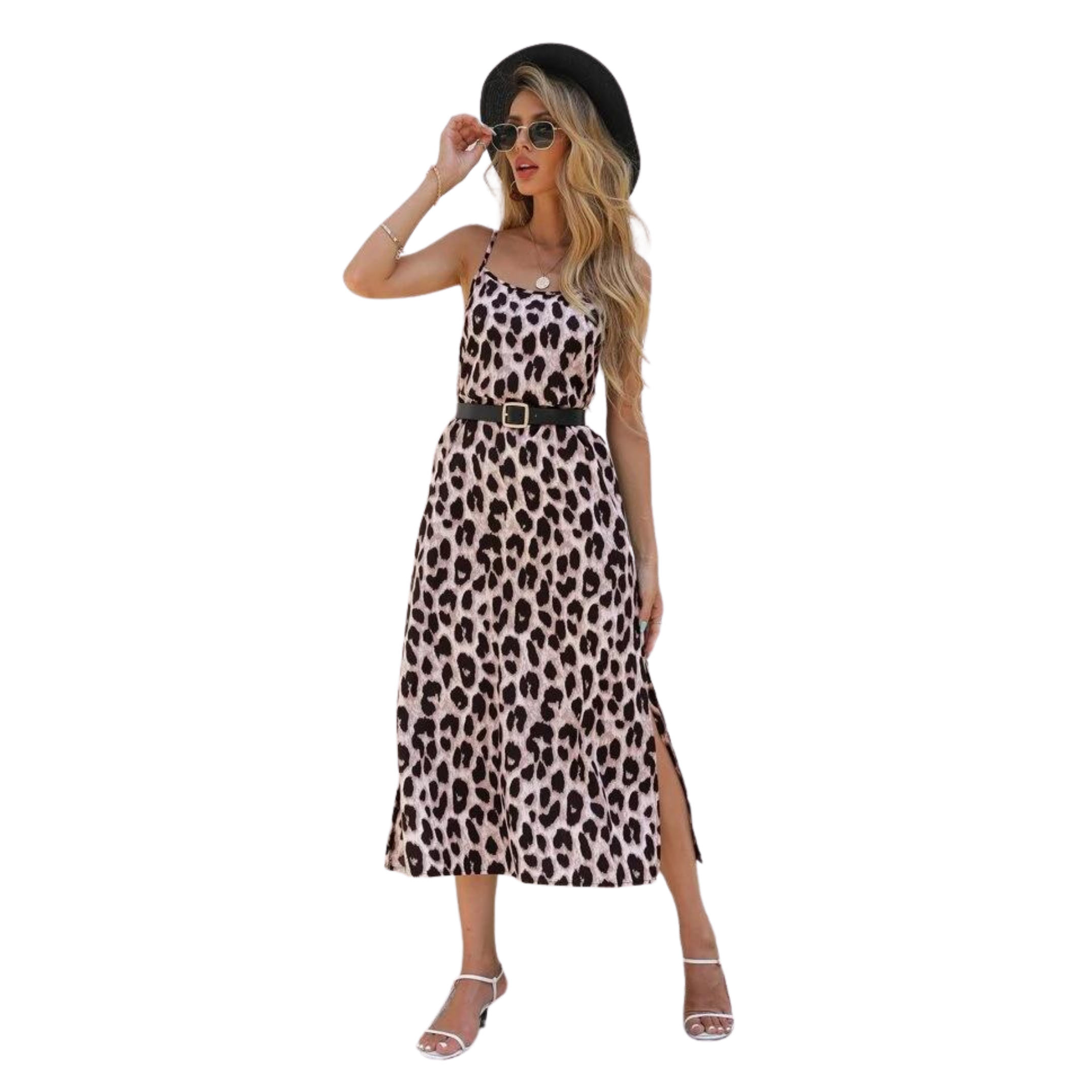 Vestido largo de tirantes con estampado de leopardo con abertura para mujer