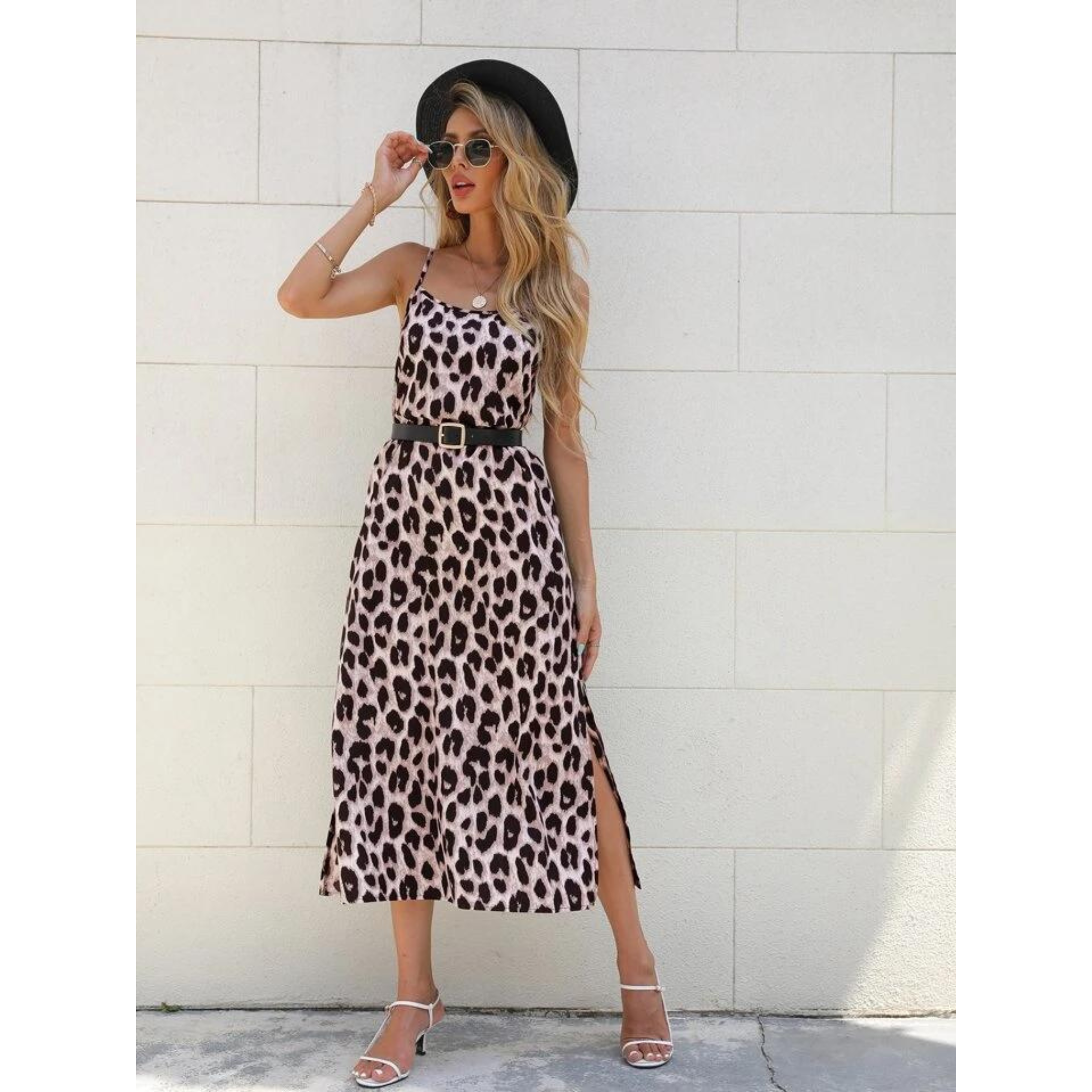 Vestido largo de tirantes con estampado de leopardo con abertura para mujer
