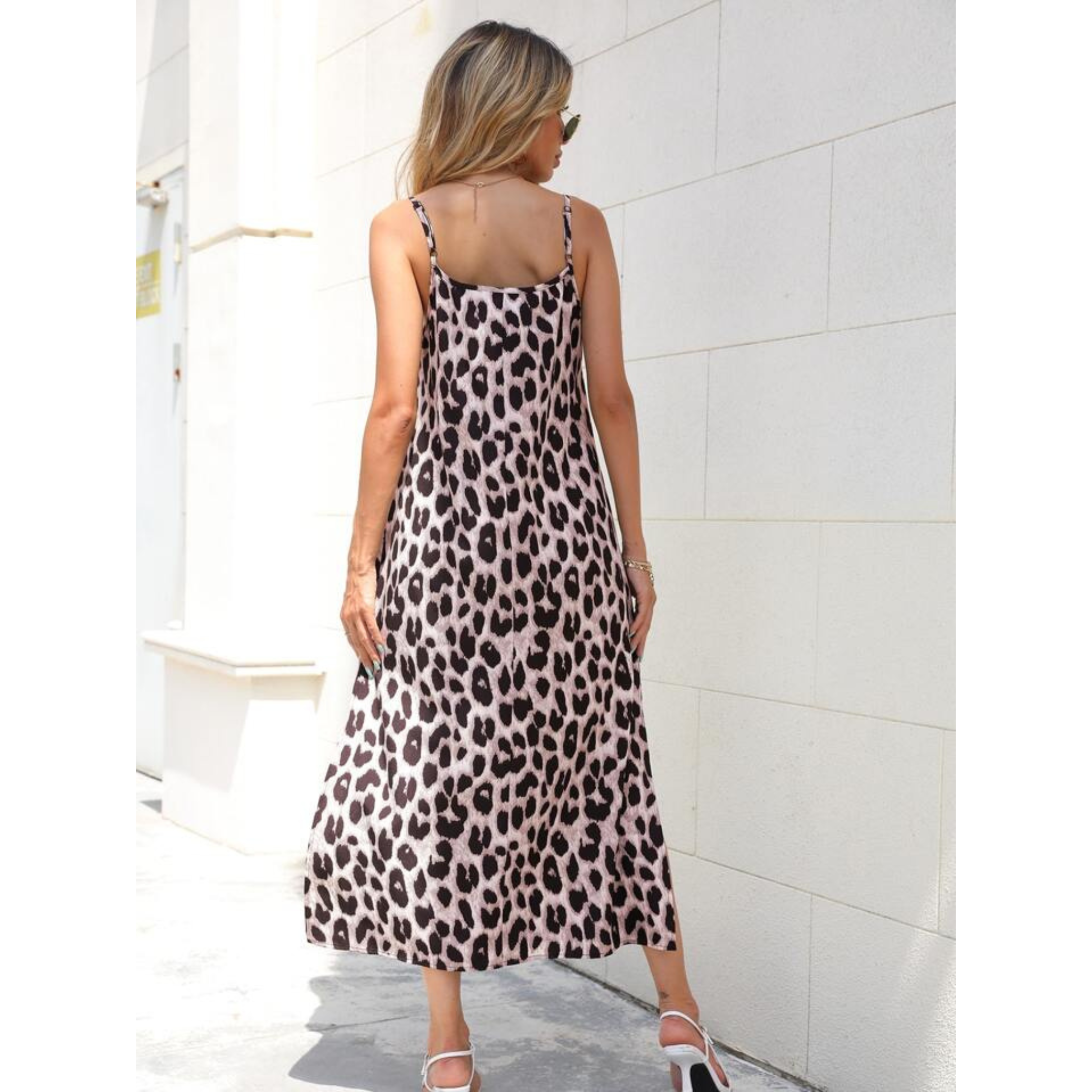 Vestido largo de tirantes con estampado de leopardo con abertura para mujer