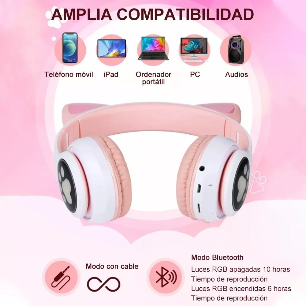 Diadema Audifonos Orejas De Gato Bluetooths 5.1 Led Ninos Rosa