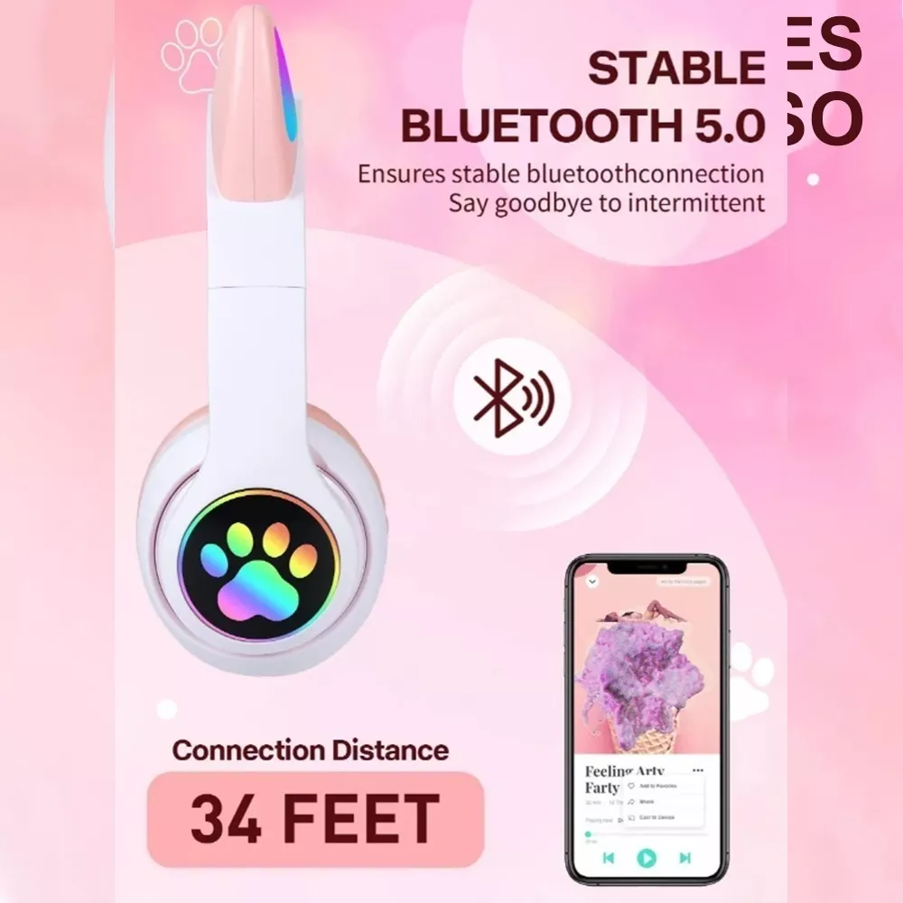 Diadema Audifonos Orejas De Gato Bluetooths 5.1 Led Ninos Rosa