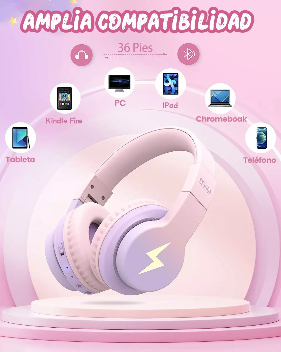 Auriculares Bluetooth Diadema Inalámbricos Para Niños 45h Rosa/Morado