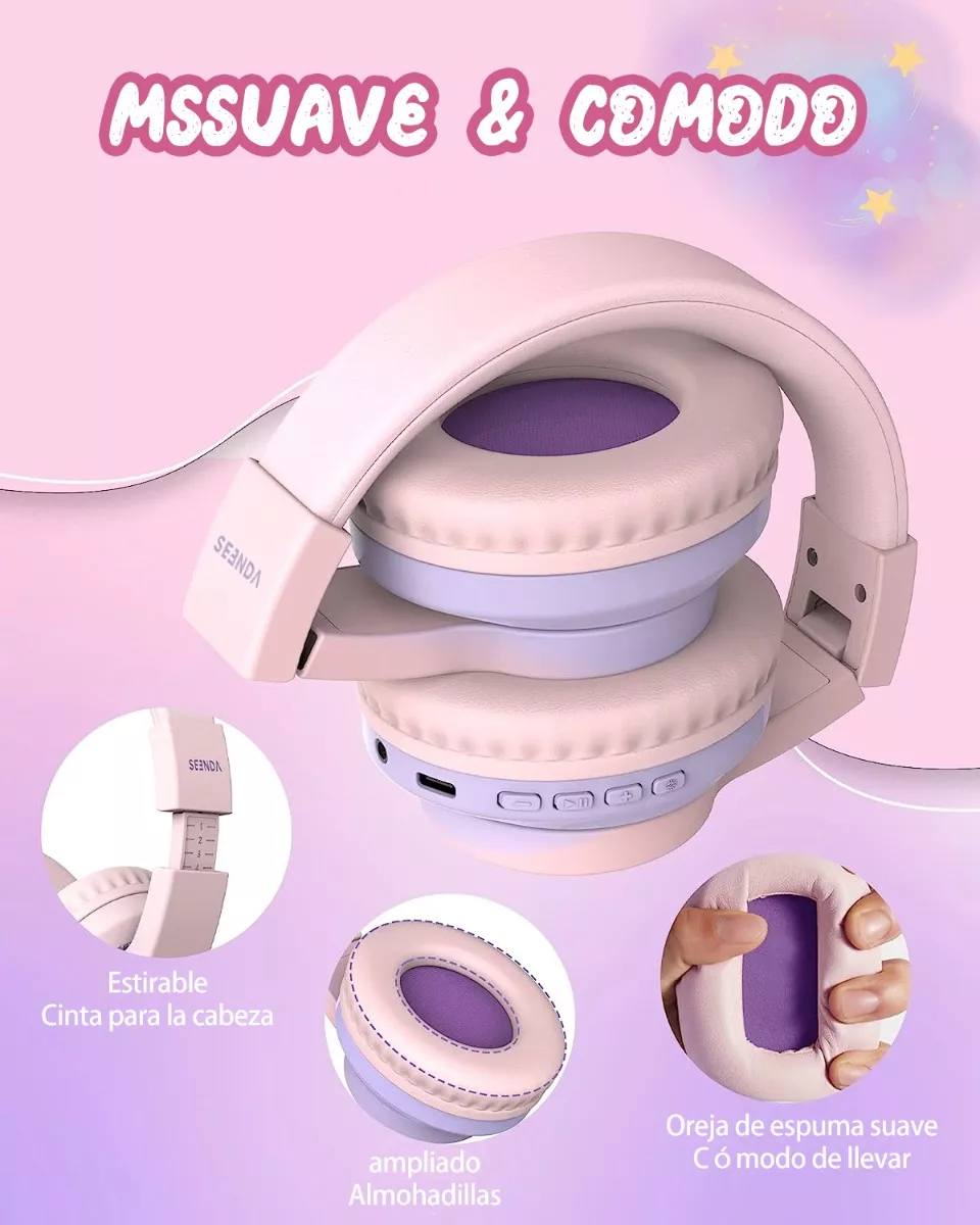Auriculares Bluetooth Diadema Inalámbricos Para Niños 45h Rosa/Morado