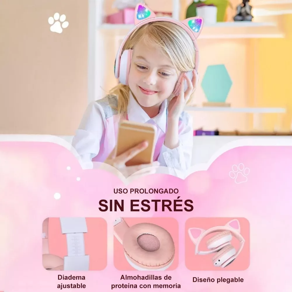 Diadema Audifonos Orejas De Gato Bluetooths 5.1 Led Ninos Rosa