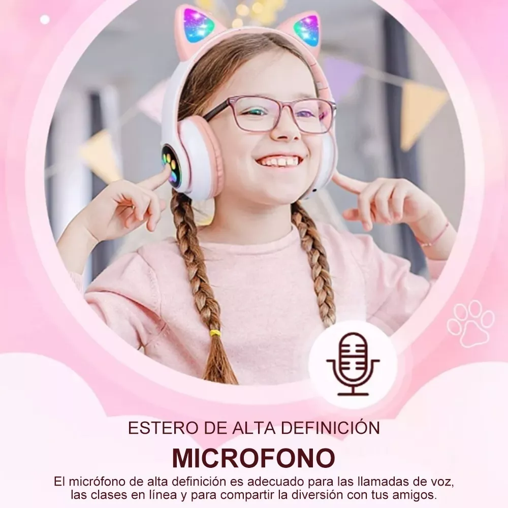 Diadema Audifonos Orejas De Gato Bluetooths 5.1 Led Ninos Rosa