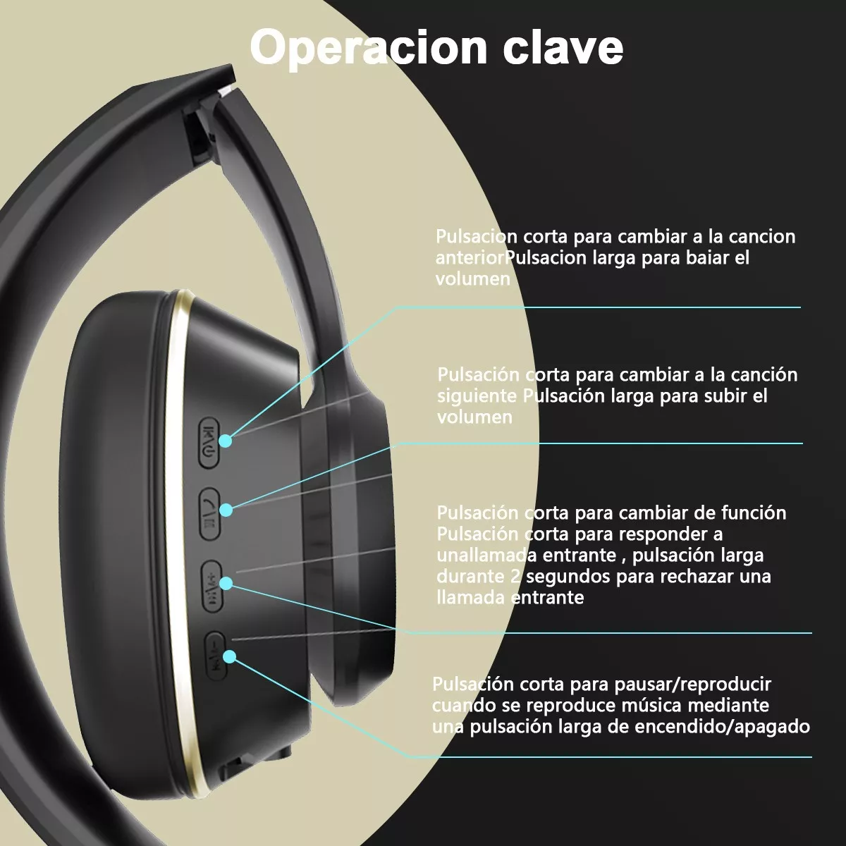 Audifonos De Diadema Inalambricos Bluetooth Plegable Con Mic Negro/Dorado