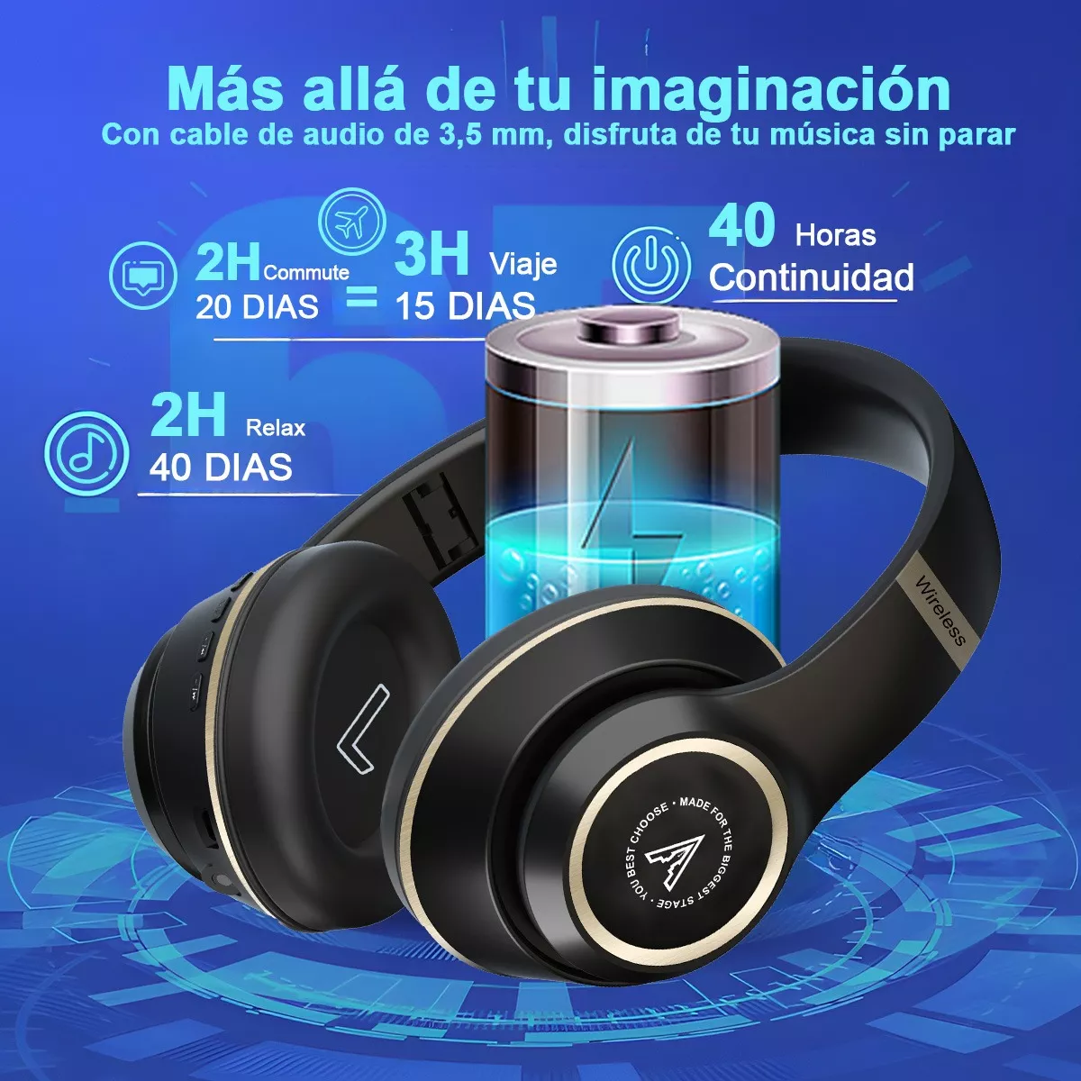 Audifonos De Diadema Inalambricos Bluetooth Plegable Con Mic Negro/Dorado