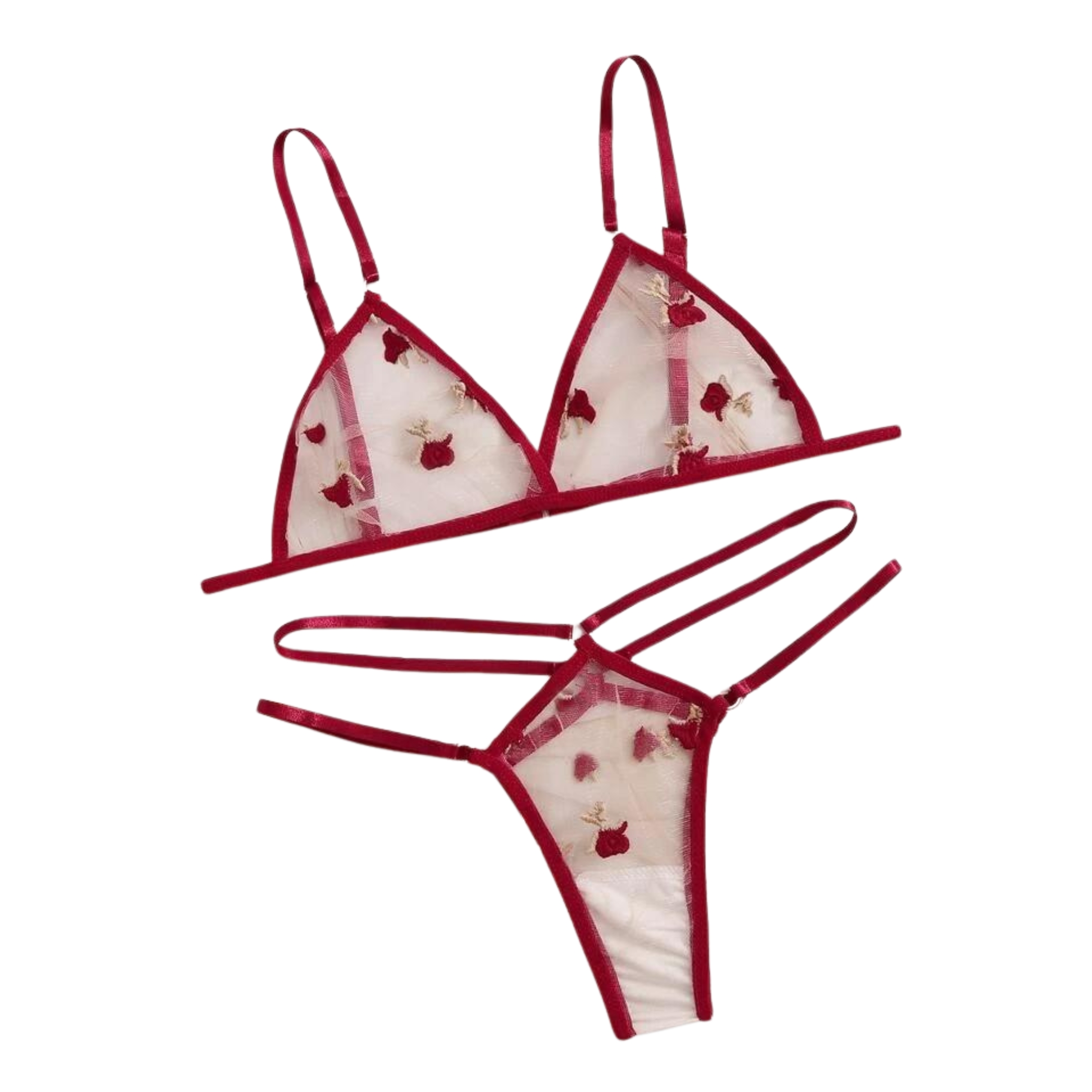 Set de lencería fina con malla transparente con bordado de flores para mujer