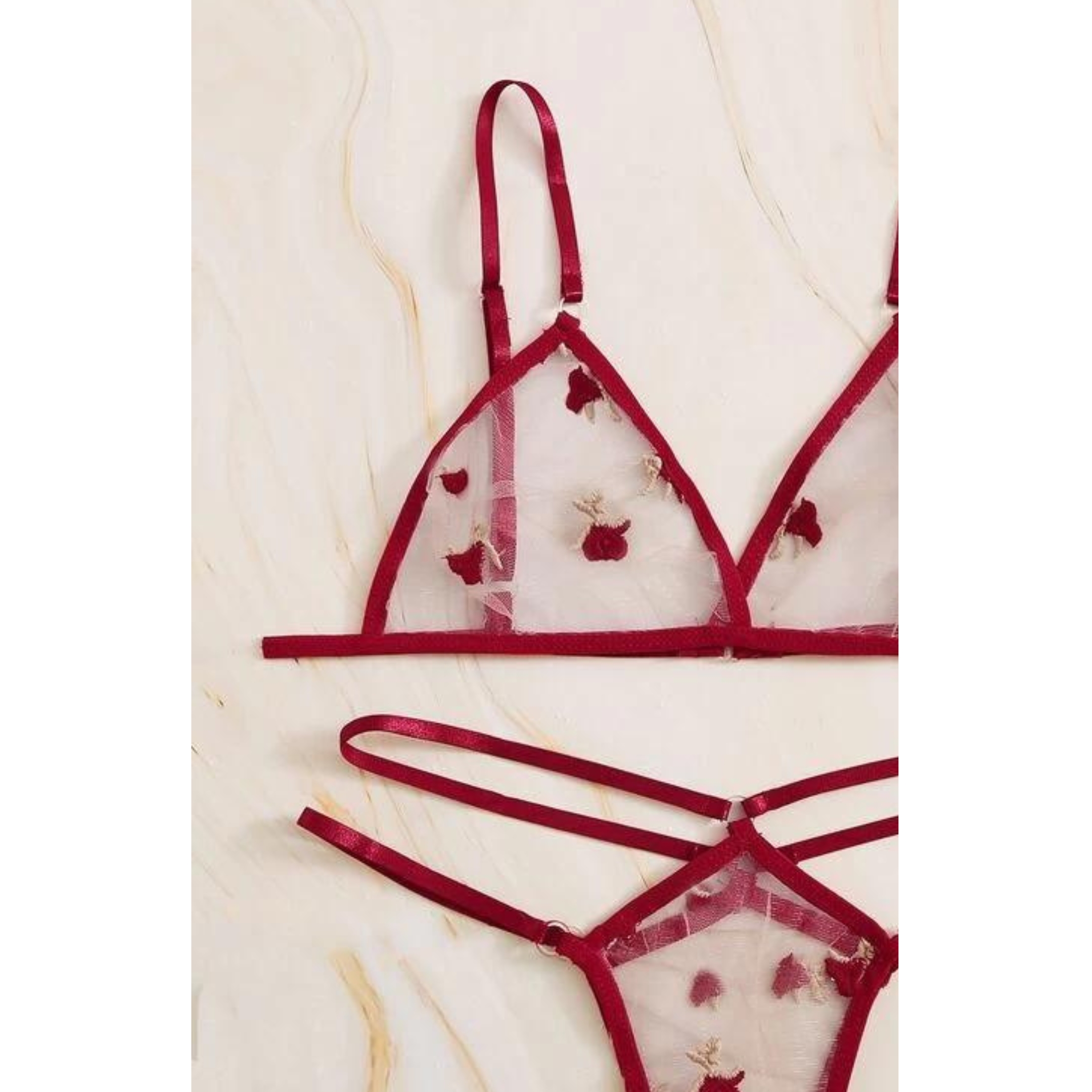 Set de lencería fina con malla transparente con bordado de flores para mujer