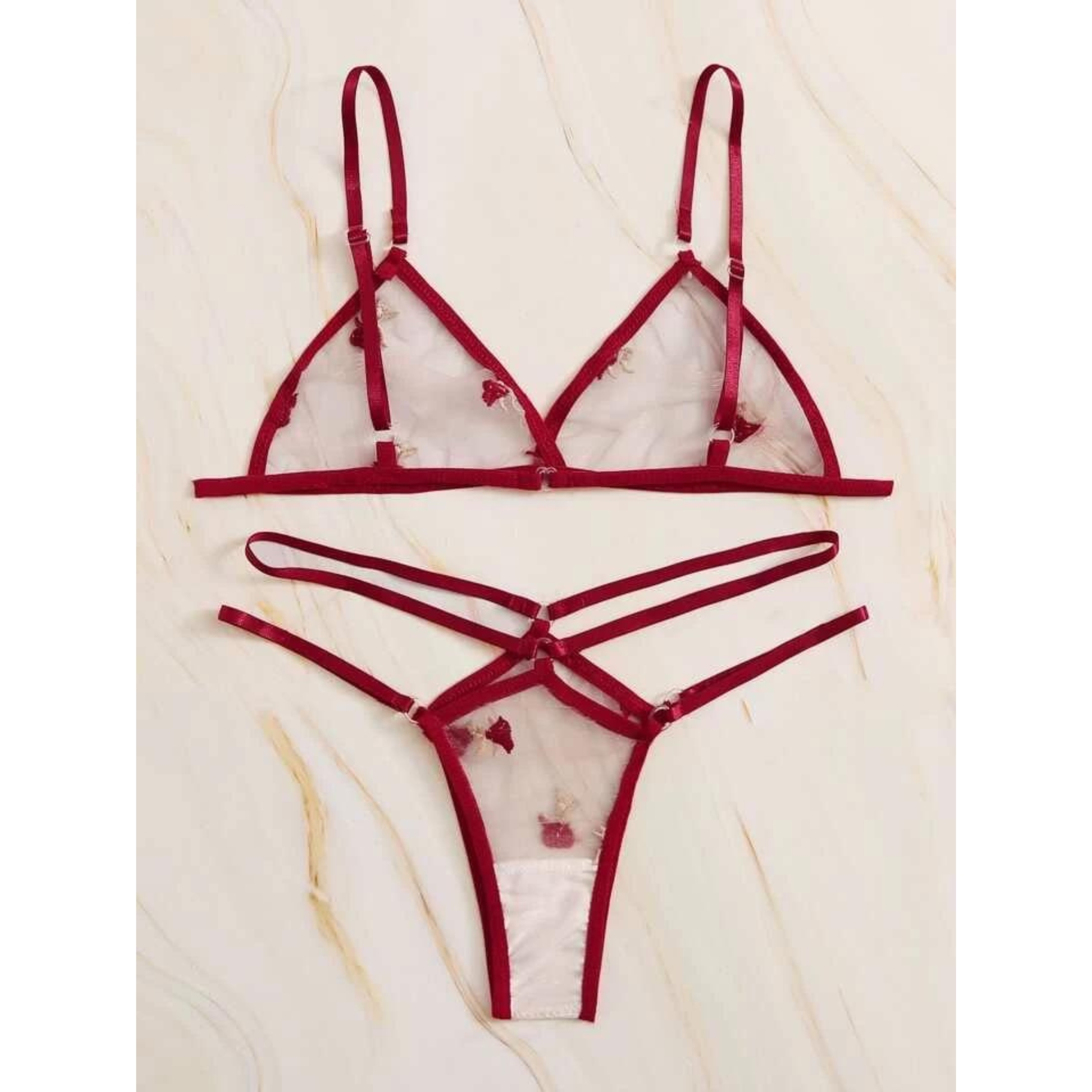 Set de lencería fina con malla transparente con bordado de flores para mujer