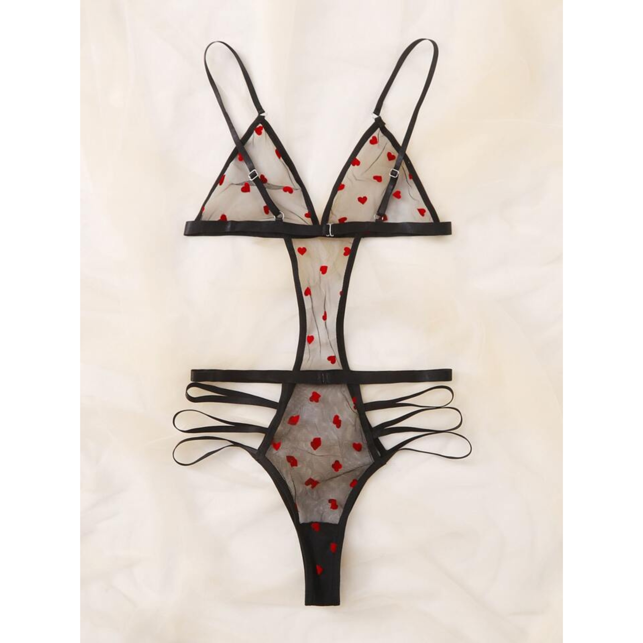 Body teddy de malla transparente con estampado de corazón para mujer