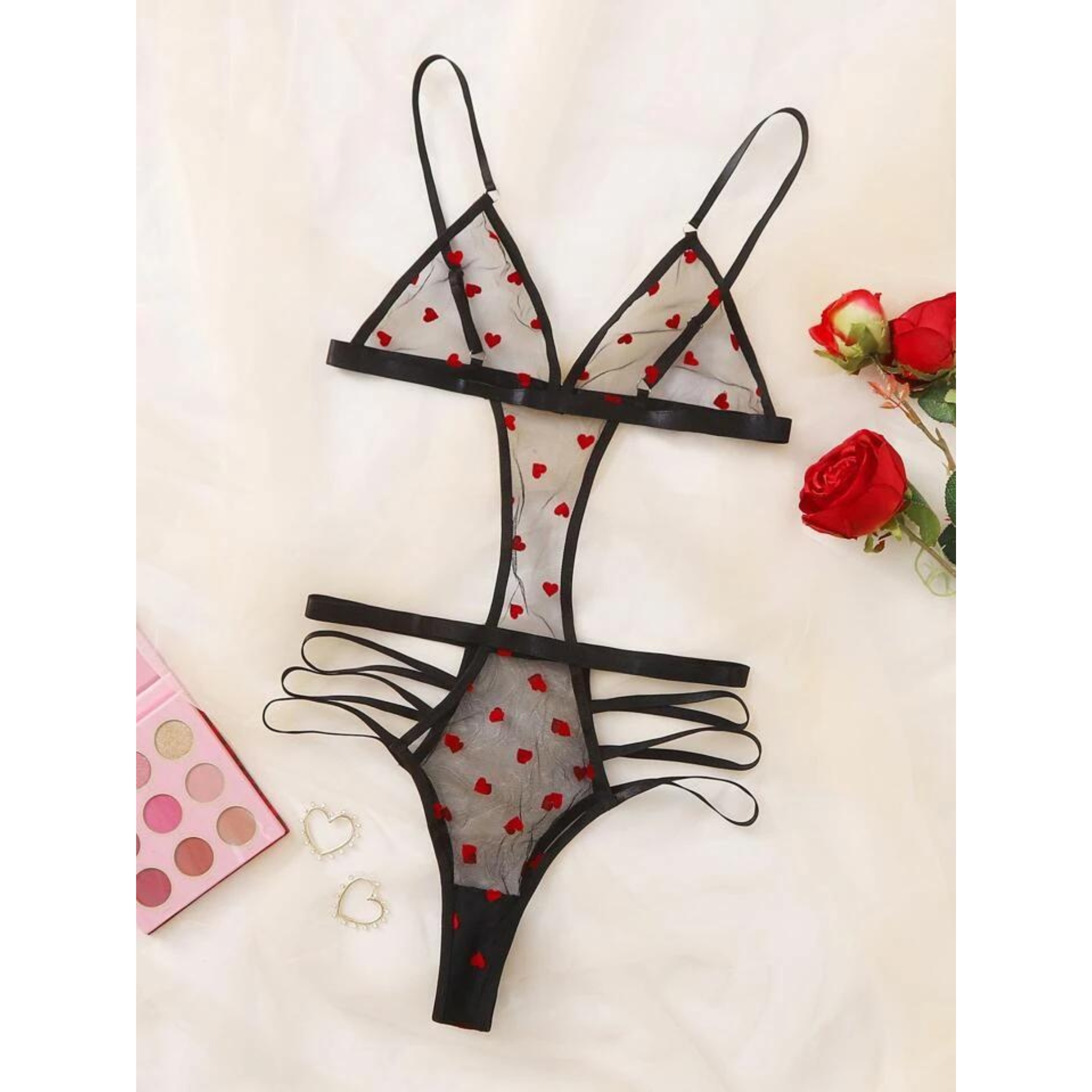 Body teddy de malla transparente con estampado de corazón para mujer