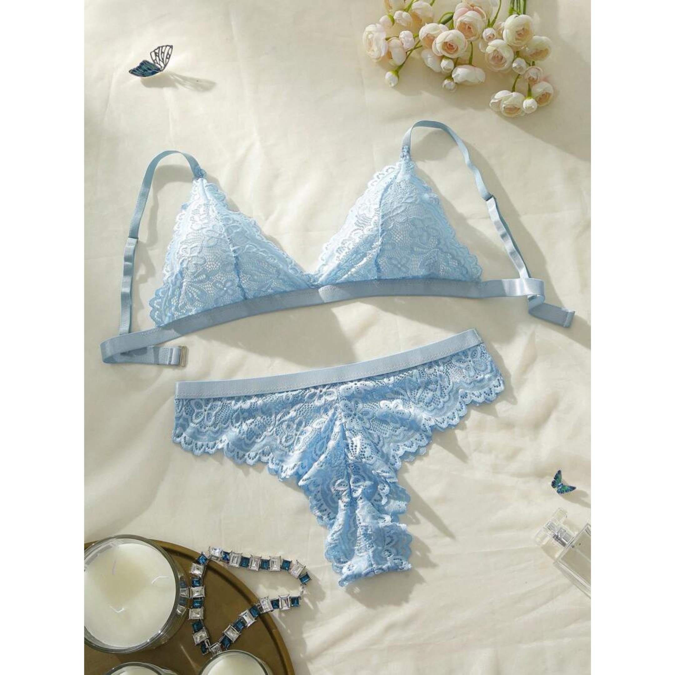 Set de lencería con encaje floral semitransparente con sujetador ajustable para mujer