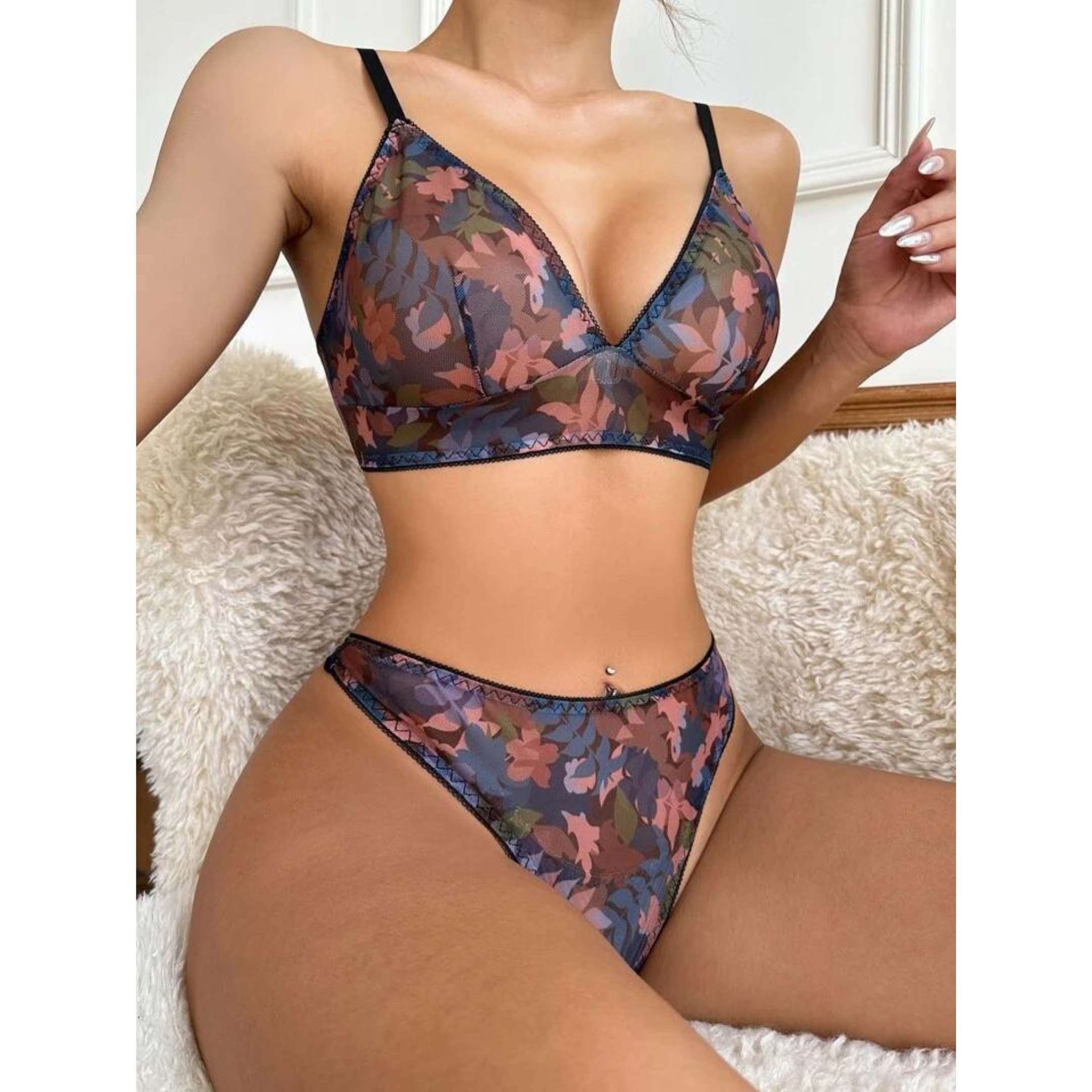 Set de lencería de malla transparente con estampado floral para mujer