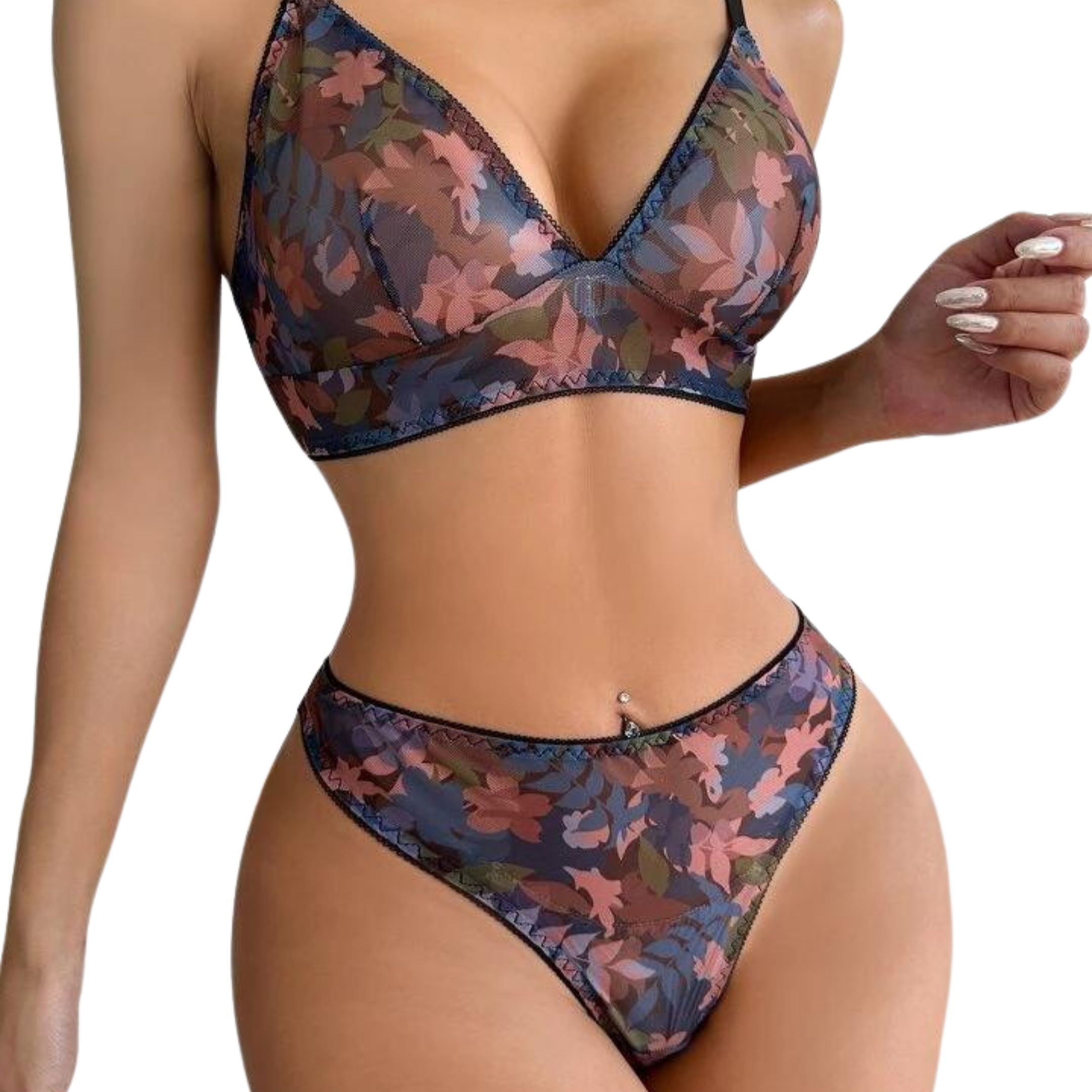 Set de lencería de malla transparente con estampado floral para mujer