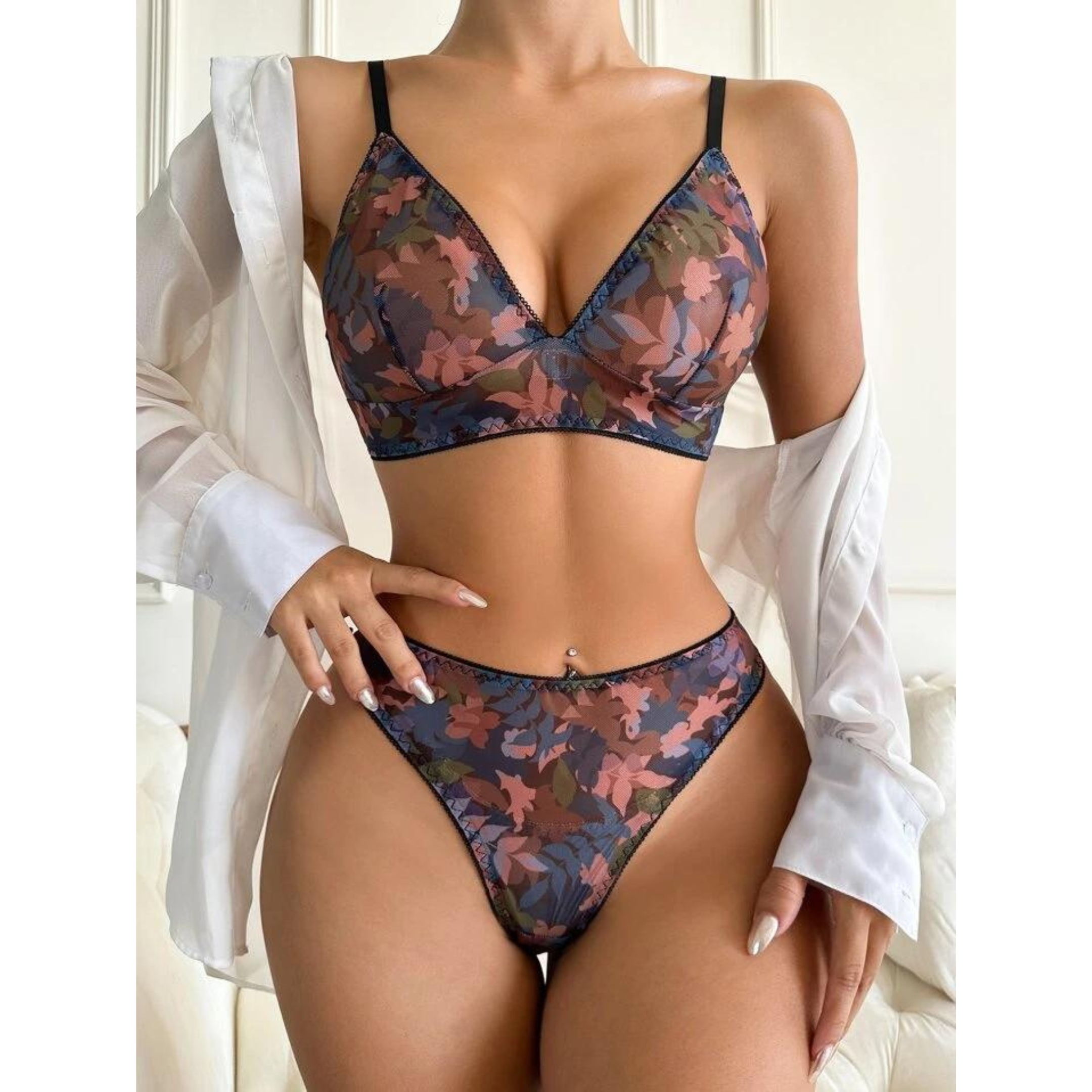 Set de lencería de malla transparente con estampado floral para mujer
