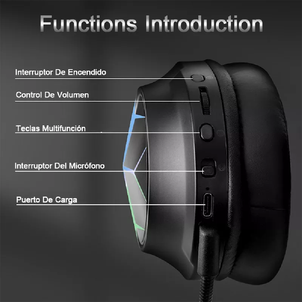 Auriculares Gamer Inalámbricos Bluetooth Diadema Juegos 2.4g Negro/lienas  coloridas