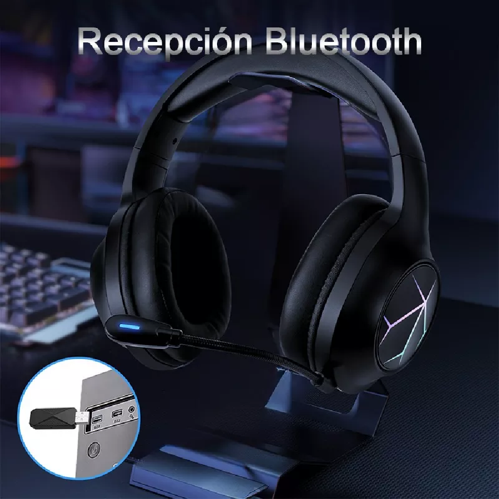 Auriculares Gamer Inalámbricos Bluetooth Diadema Juegos 2.4g Negro/lienas coloridas
