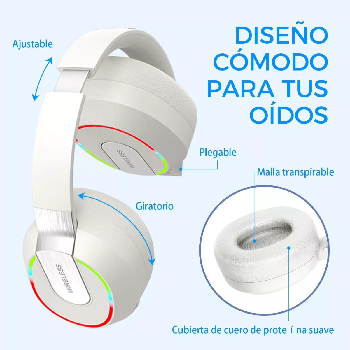 Audífonos Inalámbrico Bluetooth Diadema Plegable Con Rgb Luz Blanco