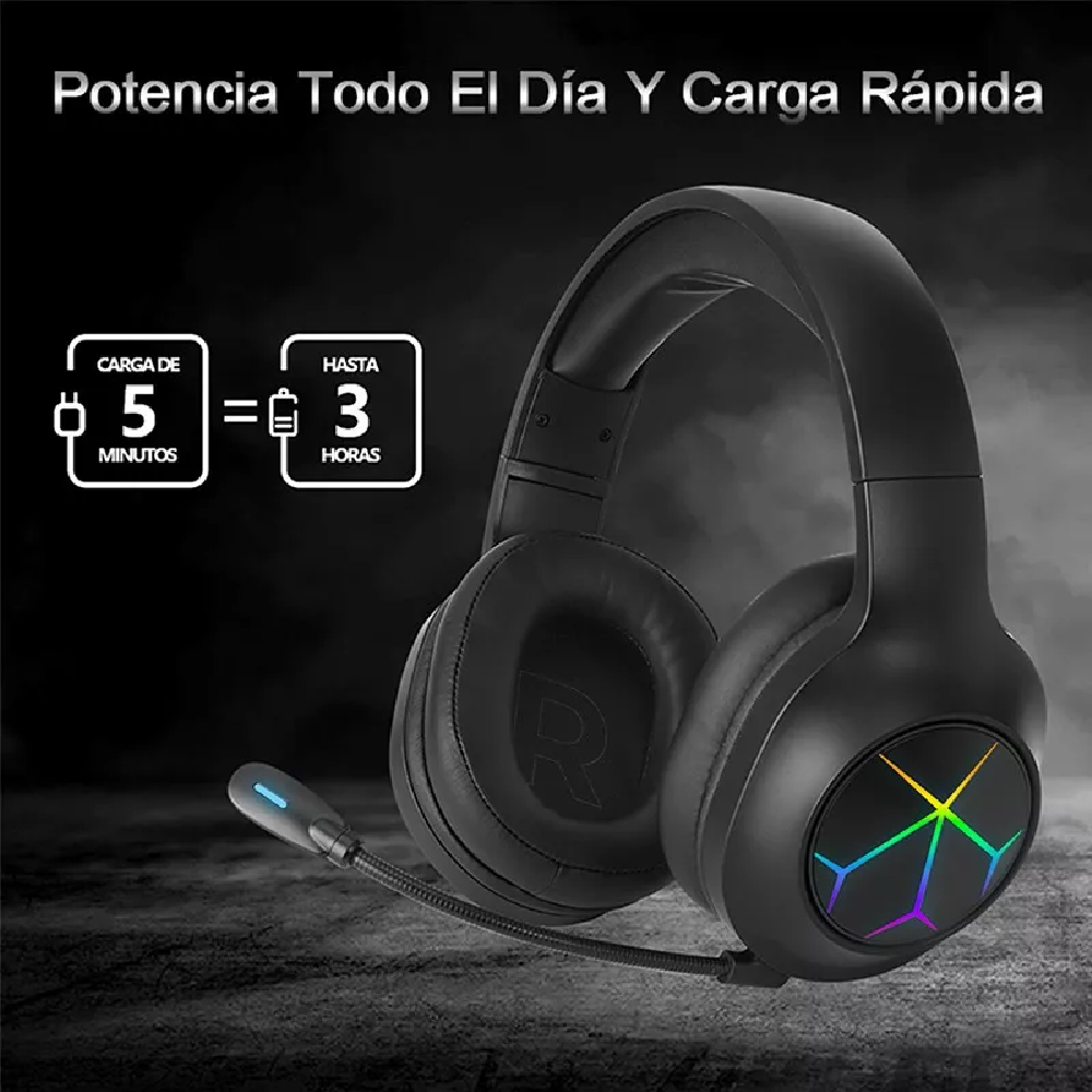 Auriculares Gamer Inalámbricos Bluetooth Diadema Juegos 2.4g Negro/lienas coloridas