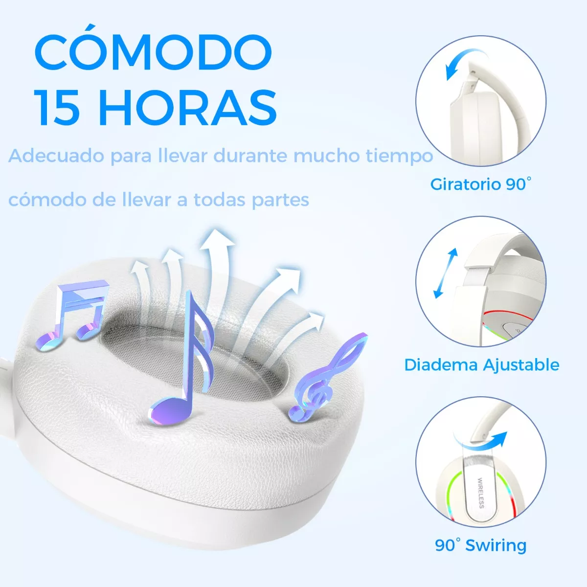 Audífonos Inalámbrico Bluetooth Diadema Plegable Con Rgb Luz Blanco