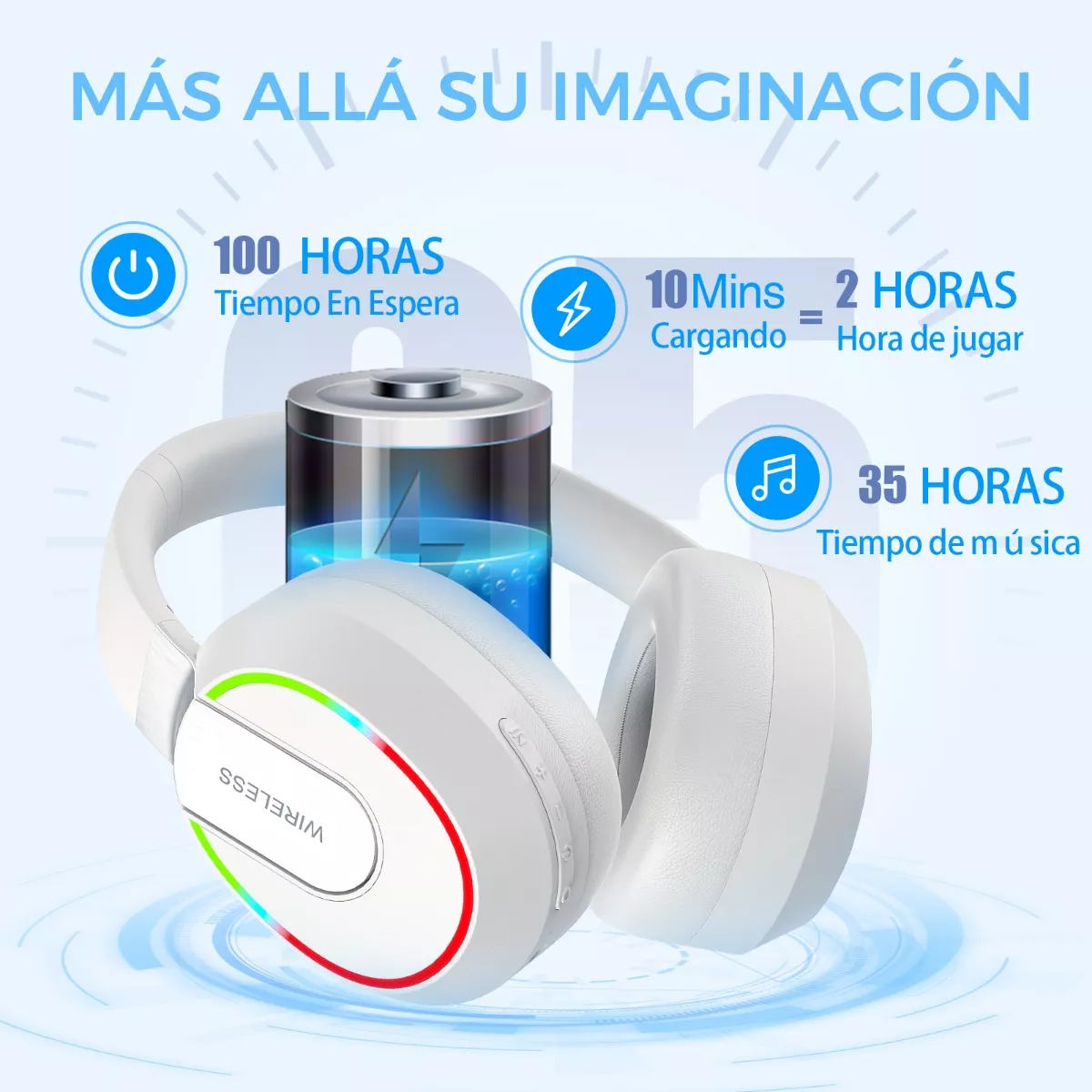 Audífonos Inalámbrico Bluetooth Diadema Plegable Con Rgb Luz Blanco