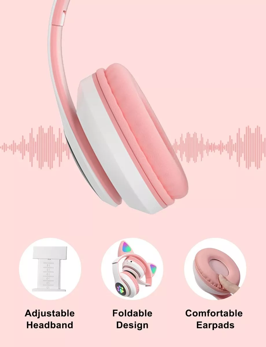 Audifonos Orejas De Gato Bluetooths 5.1 Led Diadema Niños Rosa
