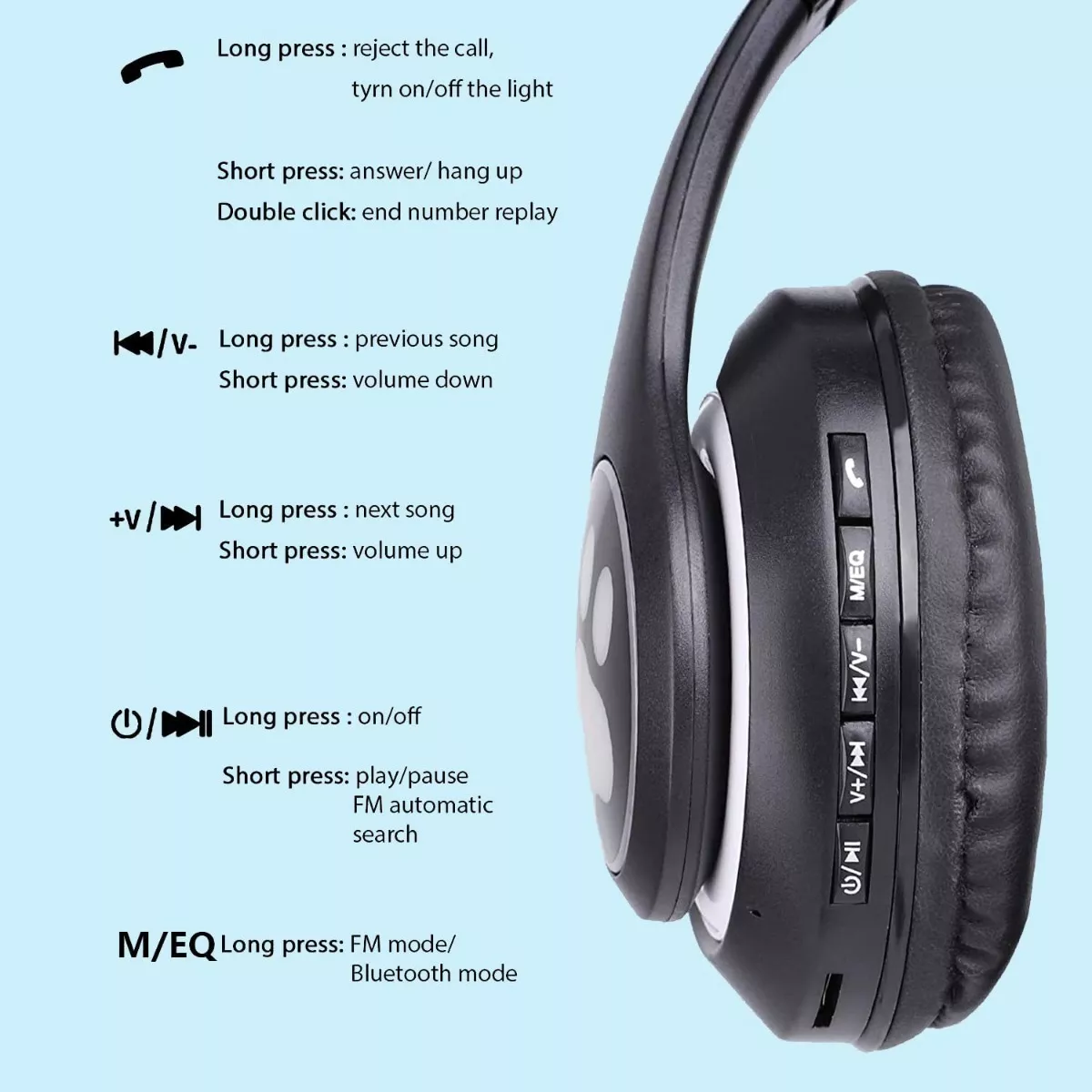 Audifonos Orejas De Gato Bluetooths 5.1 Led Diadema Niños Negro