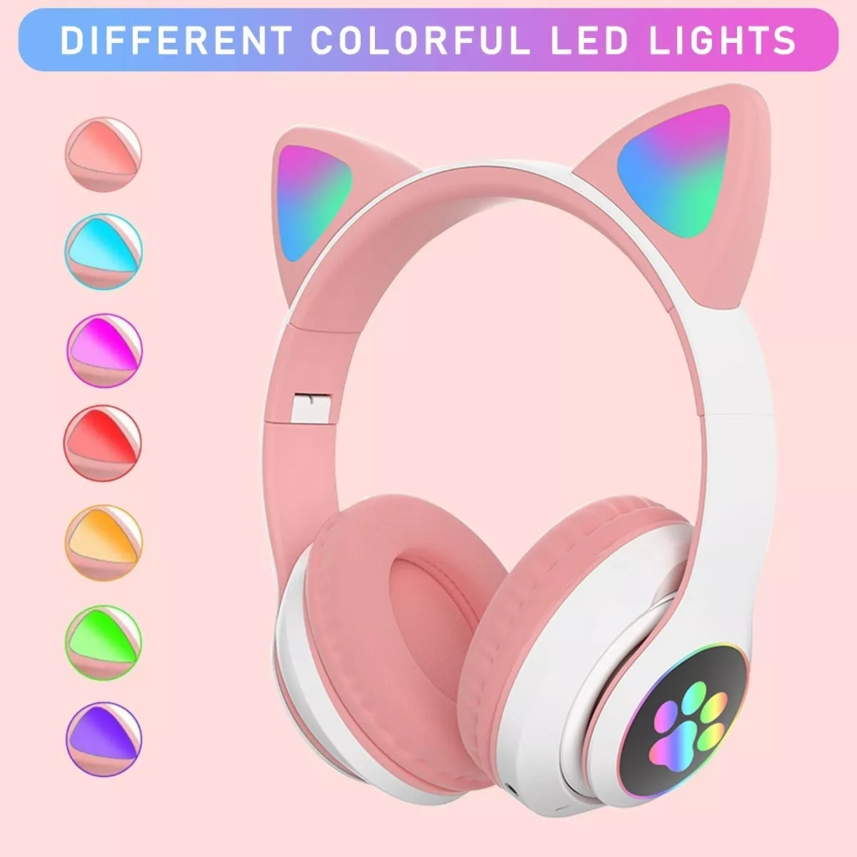 Audifonos Orejas De Gato Bluetooths 5.1 Led Diadema Niños Rosa