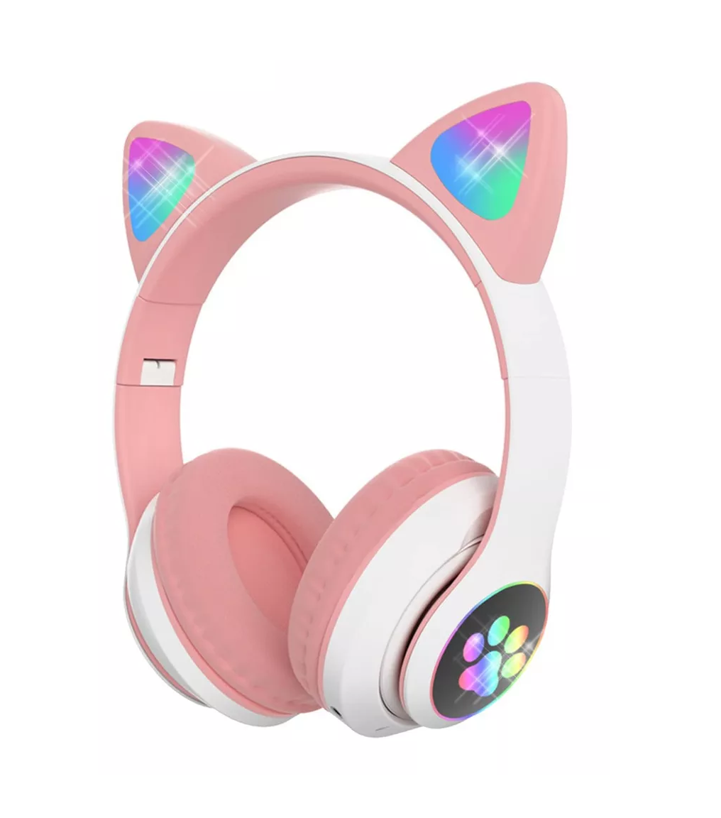 Audifonos Orejas De Gato Bluetooths 5.1 Led Diadema Niños Rosa