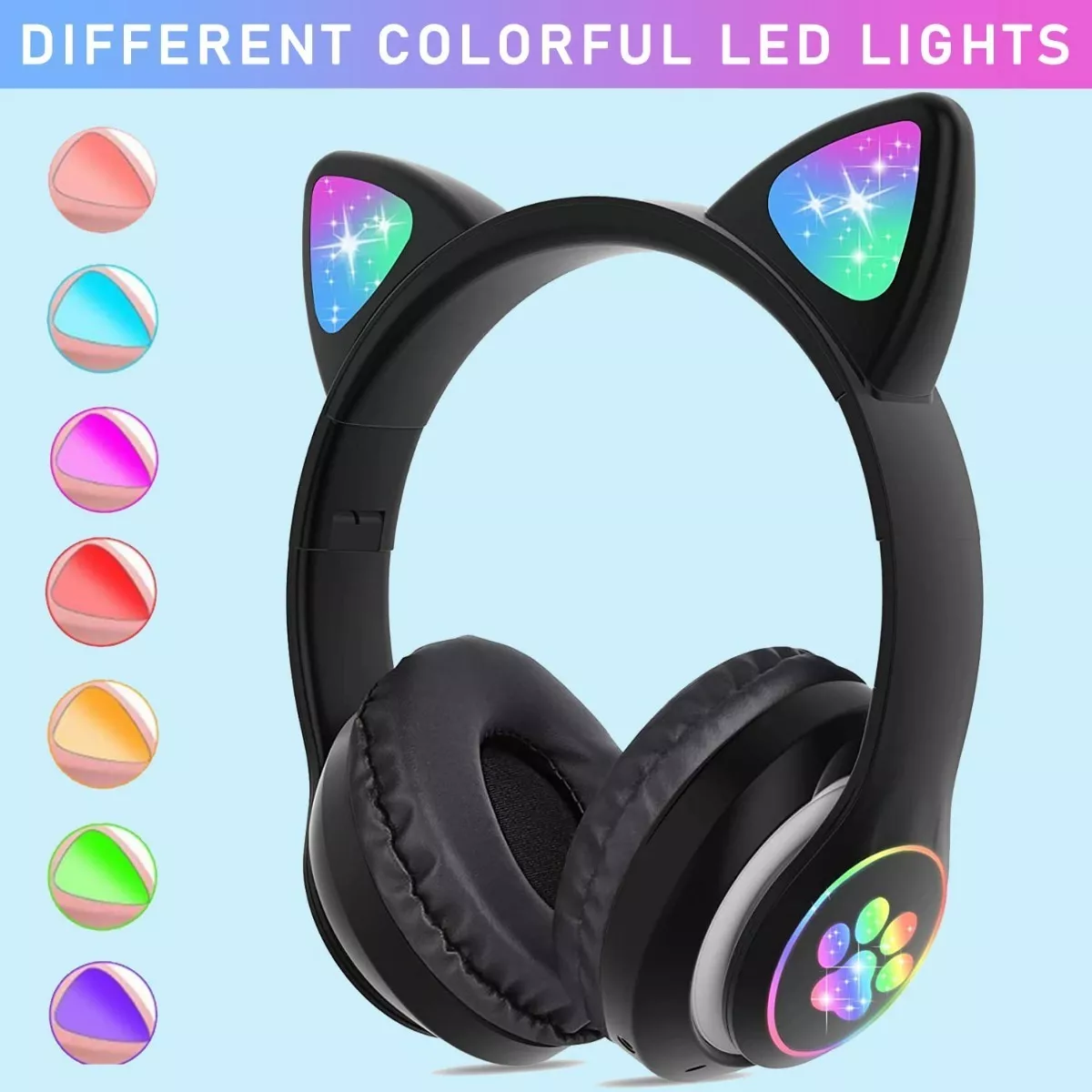 Audifonos Orejas De Gato Bluetooths 5.1 Led Diadema Niños Negro