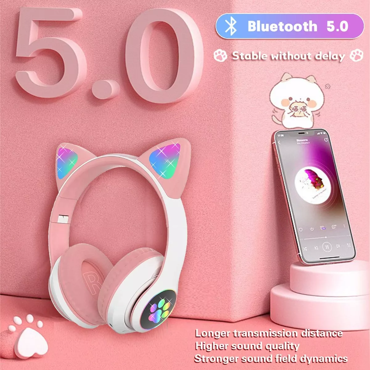 Audifonos Orejas De Gato Bluetooths 5.1 Led Diadema Niños Rosa