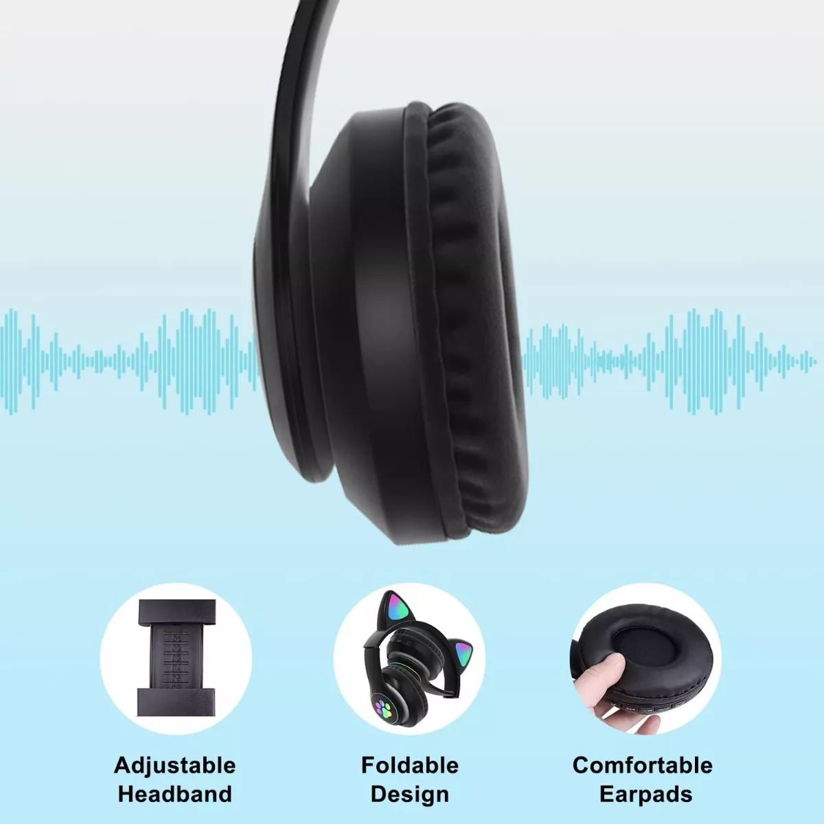 Audifonos Orejas De Gato Bluetooths 5.1 Led Diadema Niños Negro