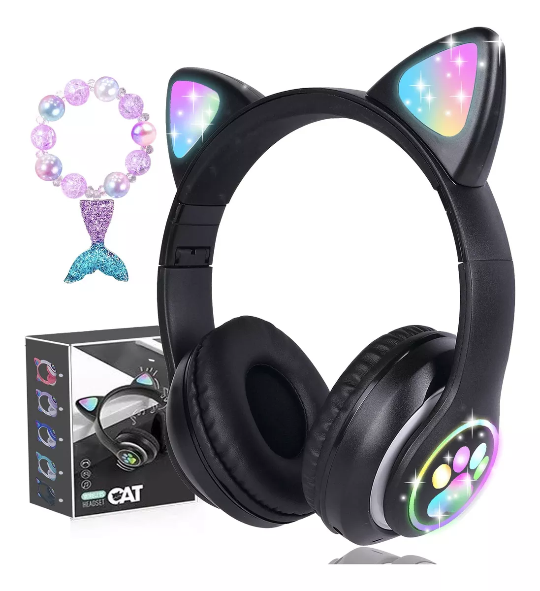 Audifonos Orejas De Gato Bluetooths 5.1 Led Diadema Niños Negro