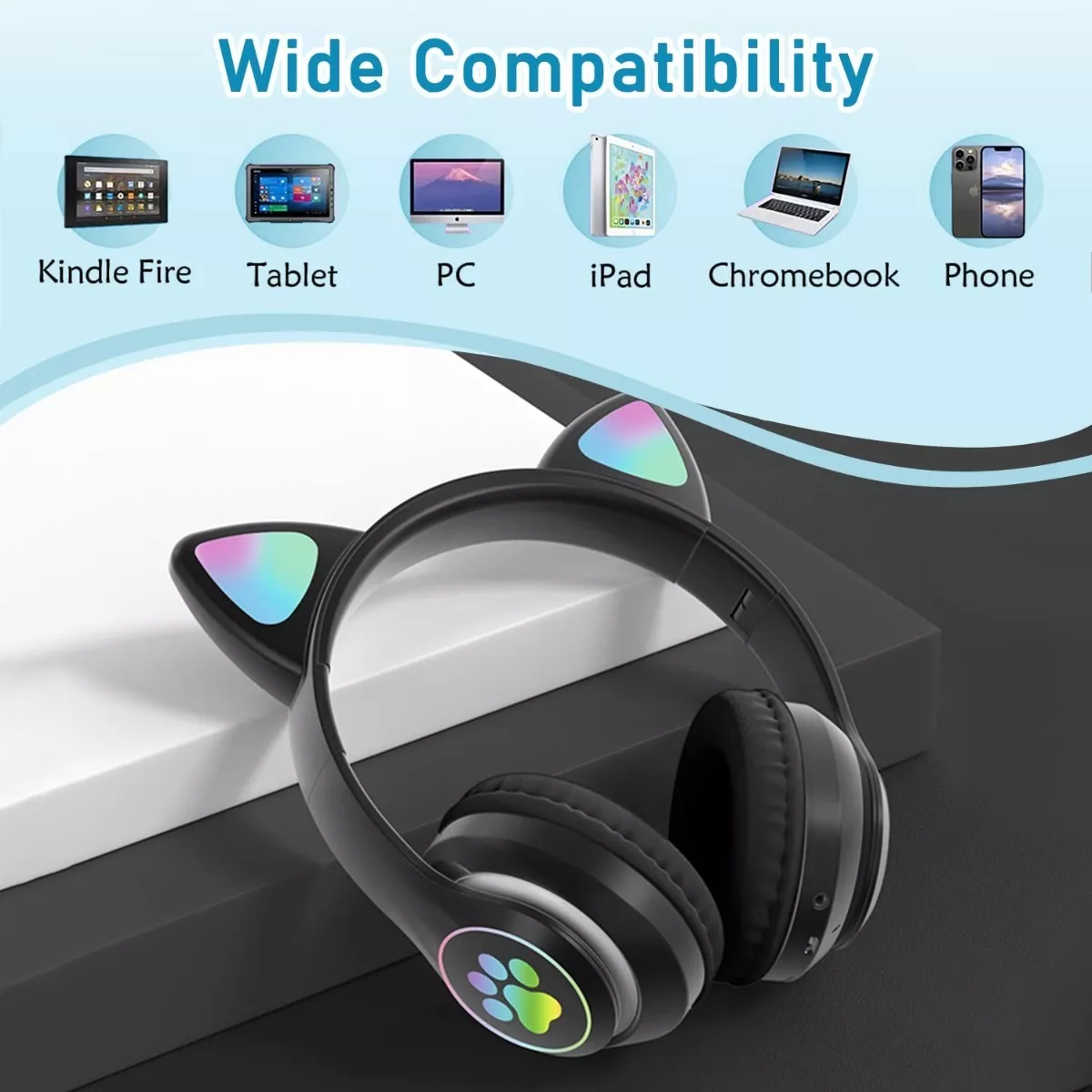 Audifonos Orejas De Gato Bluetooths 5.1 Led Diadema Niños Negro